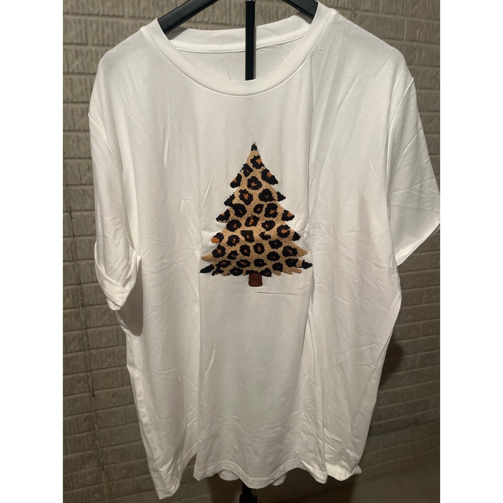 White Crew Neck T Shirt Leopard Christmas Tree Graphic Print‎ Size 3XL